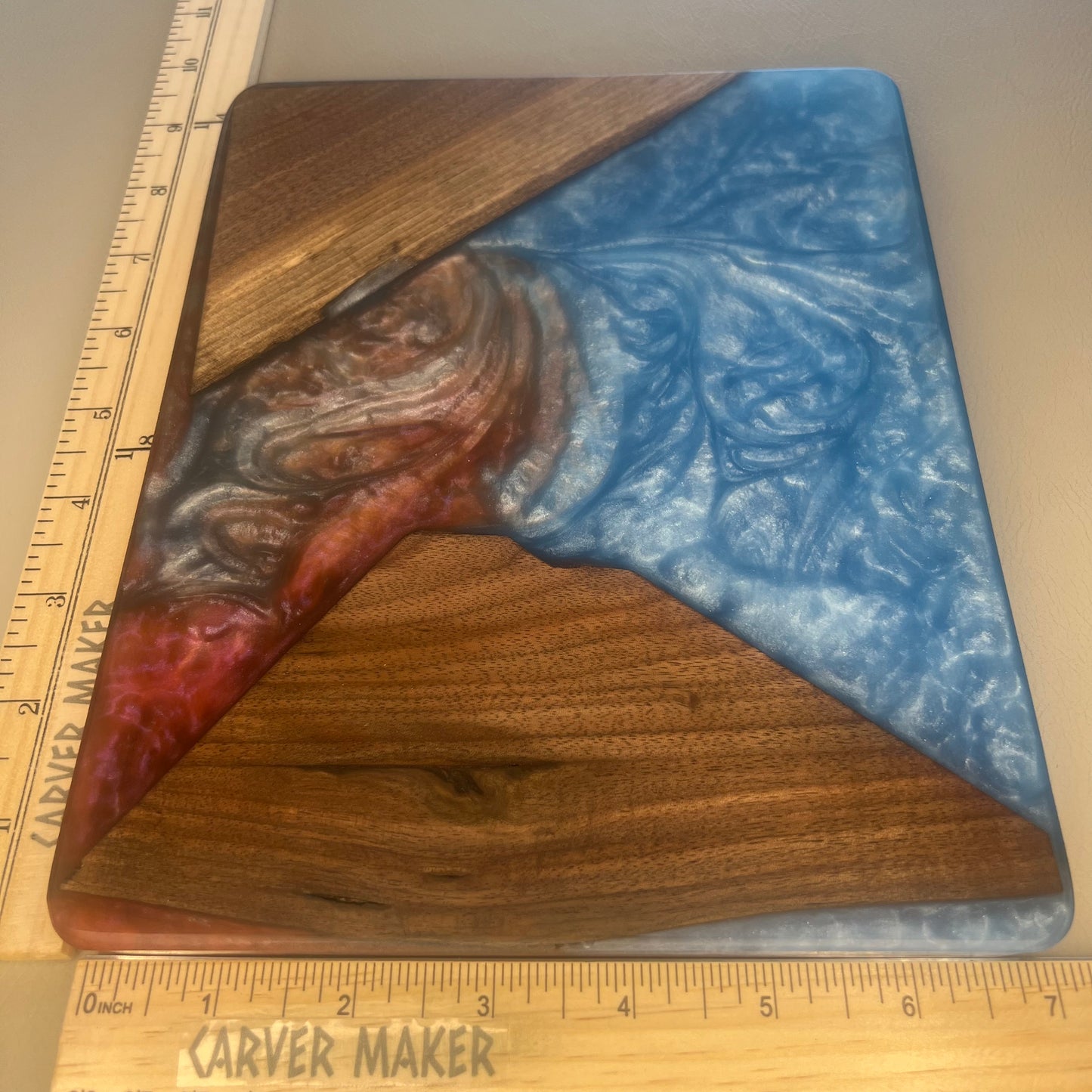 Walnut in Blue and Red Resin Butter Board