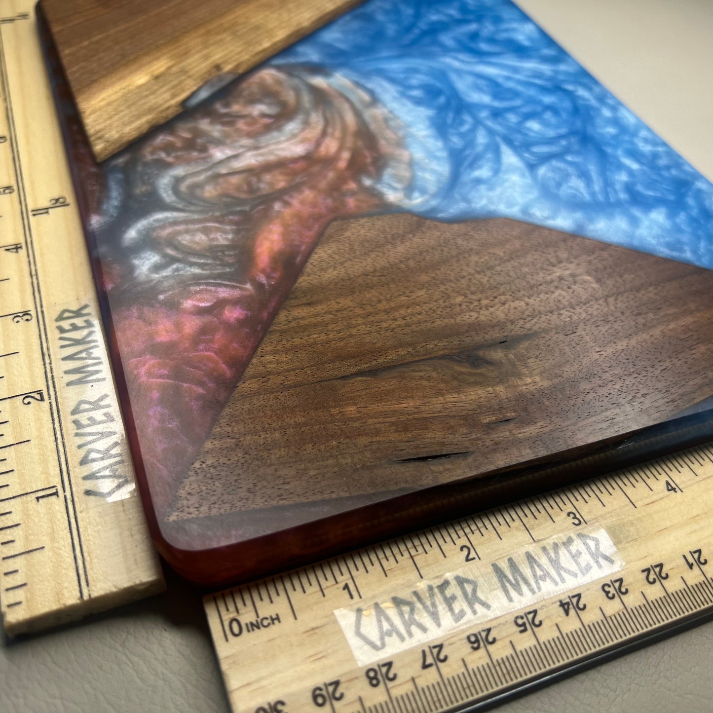 Walnut in Blue and Red Resin Butter Board