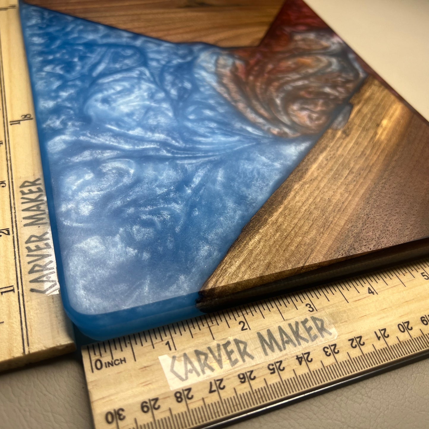 Walnut in Blue and Red Resin Butter Board