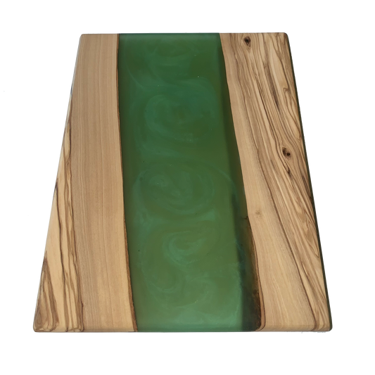 Planche de service en bois d'olivier et résine verte
